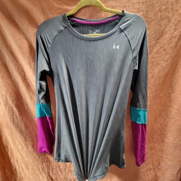 Under Armour Heat Gear Fitted Long Sleeve Tee Color Block Pink Blue Gray Medium - Picture 7 of 9